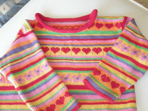0506-3E Striped Sweater with Hearts and Flowers