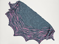 Star Chart Shawl - depicting the stars and constellations seen over the shop in Maple Grove, MN during the Minnesota Yarn Shop  Hop 2026.  This sample in the Blue Hour & Aurora colorways.
