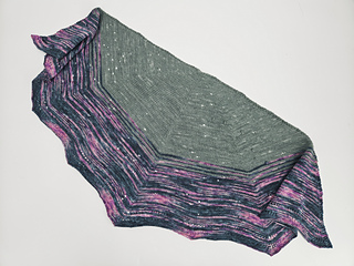 Star Chart Shawl - depicting the stars and constellations seen over the shop in Maple Grove, MN during the Minnesota Yarn Shop Hop 2026. This sample in the Airglow and Aurora colorways.