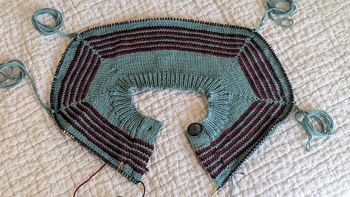 Work the buttonband as you go, even adding the buttons for trying fit and spacing the buttonholes.