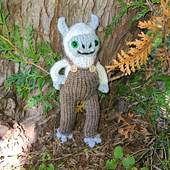 Everett the yeti in overalls: Lion Brand Wool Ease and 3.5mm needles for all.
