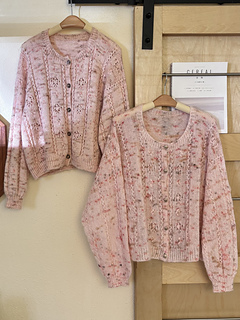 Left: Wool Version, small neckband, twist rib button band
Right: Mohair Version, large neckband, double knitting button band