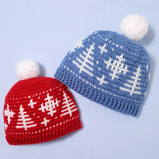 Mosaic Snowy Forest Hats Child and Large Sizes with pompoms