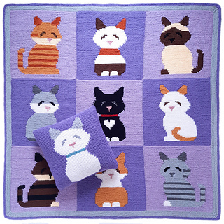 Joyful Kitties Afghan and Pillow Set to Knit