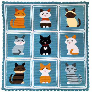 Happy Cats Quilt Style Afghan with 9 Cute Cats