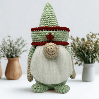 Green Nurse Gnome with triangle hat and fluffy brushed beard – crochet pattern PDF featuring two hat styles and hair variations.