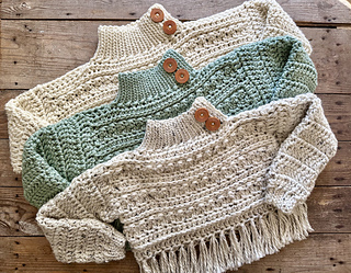 Pictured from top to bottom is:
Lion Brand Woolease Thick & Quick in the color Fisherman; Yarn Bee Dream Supreme in the color Tea; and Yarn Bee Effortless Super Bulky in the color Biscotti.