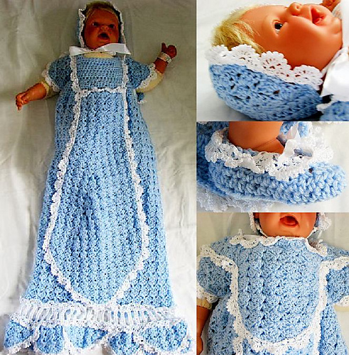 Blue Christening Set: Gown, Bonnet, Shoes & Bib photo 1