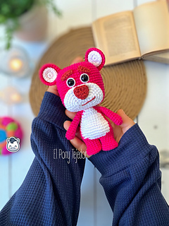 Handmade Lotso amigurumi inspired by Disney Pixar’s Toy Story, a perfect pink strawberry bear crochet pattern PDF for geek fans and plush collectors.