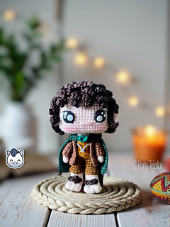 Handmade Frodo Baggins amigurumi inspired by The Lord of the Rings, a fantasy crochet pattern PDF for Tolkien and geek plush fans.