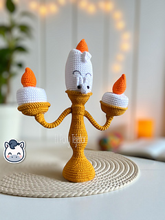 Handmade Lumière amigurumi inspired by Disney’s Beauty and the Beast, a perfect pattern for fairy tale and Disney fans who love magical and vintage aesthetics.
