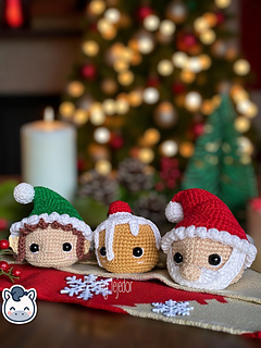 Crochet Amigurumi Christmas baubles pattern featuring Santa Claus, elf and gingerbread cookie, perfect handmade ornaments for Christmas tree decor.
