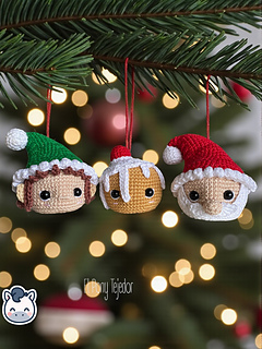 Crochet Amigurumi Christmas baubles pattern featuring Santa Claus, elf and gingerbread cookie, perfect handmade ornaments for Christmas tree decor.