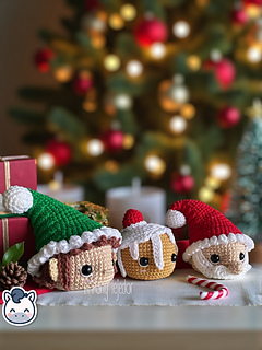 Crochet Amigurumi Christmas baubles pattern featuring Santa Claus, elf and gingerbread cookie, perfect handmade ornaments for Christmas tree decor.