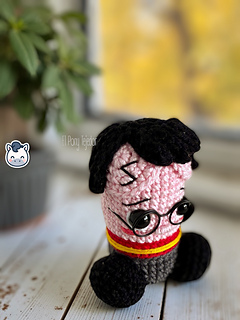 Handmade Harry Potter inspired amigurumi penis with round glasses and Gryffindor style scarf, funny geek crochet pattern PDF.