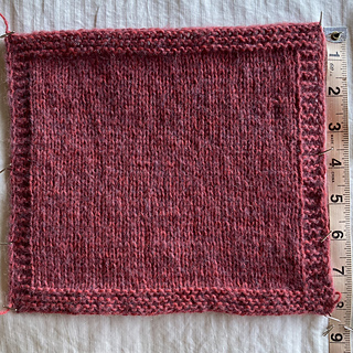 Height before blocking, knit on 4.5mm and 5mm needles (smaller size for purl rows): ~ 8 inches
