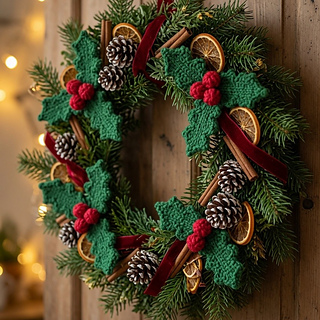 Knitted holly wreath decoration