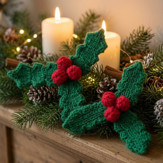 Knitted holly and berries to make homemade Christmas decor