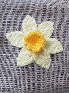 Knitted Daffodil on hessian