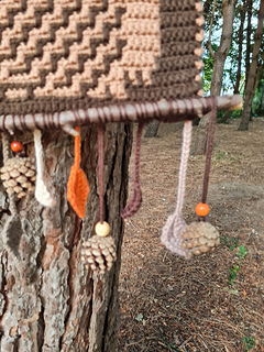Falling leaves woodland wall hanging by Hookanory - Detail showing applique leaves and hanging 'foraged' embelishments