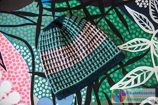 Crochet beanie in teal and pink mosaic stitch, DK weight yarn, slouchy fit.