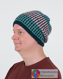 A man wearing a crochet beanie with three colors forming stripes.
