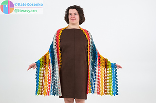 Hue Shift crochet shawl worn loosely over shoulders, showing wide rectangular shape and soft striped lace