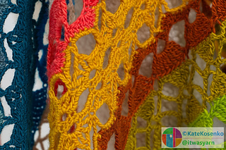 Close-up of lace texture in modular crochet shawl pattern with openwork stitches