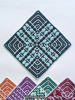 Pulse crochet square displayed with other Echo Squares designs.