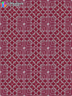 Virtual blanket made from multiple Resonance mosaic crochet squares in pearl gray and currant.