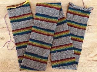 64st sock tube measures 49”L x 3.75” W (7 7/8” circumference). 
Running vertical stitch for split line. 