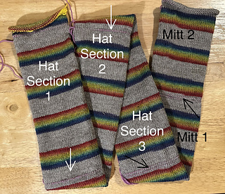 Lifelines (arrows) placed and ready to separate into 3 Hat sections and 2 Mitts. 