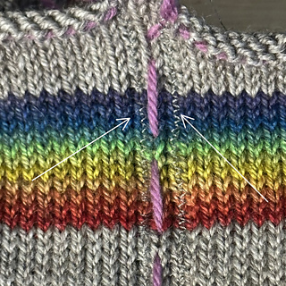 Hat (all sections): reinforced steeking line with machine sewn zigzag stitch on either side. 