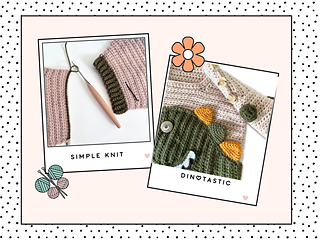 beige crochet sweater with moss green cuff, featuring a moss green dinosaur applique, mustard and moss green spikes run down the spine of the dinosaur. the dinosaur has white teeth and googly eye. the sleeves of the jumper has crochet spots sewn to them. dinotastic crochet sweater pattern for babies and toddlers by jane burns