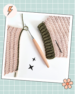 beige crochet sweater with moss green cuff, featuring a moss green dinosaur applique, mustard and moss green spikes run down the spine of the dinosaur. the dinosaur has white teeth and googly eye. the sleeves of the jumper has crochet spots sewn to them. dinotastic crochet sweater pattern for babies and toddlers by jane burns