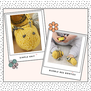 Easy Knitted Bumble Bee Baby Booties knitting pattern pdf by Jane Burns image shows two knitted baby slippers in yellow yarn with grey wings and embroidered features. Simple construction, clear pattern to follow