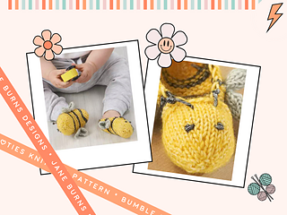 Easy Knitted Bumble Bee Baby Booties knitting pattern pdf by Jane Burns image shows two knitted baby slippers in yellow yarn with grey wings and embroidered features. Simple construction, clear pattern to follow