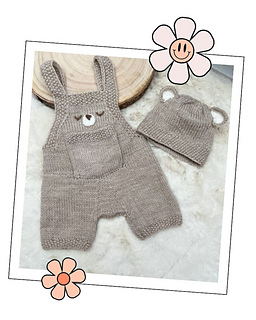 Baby Bear Romper Dungarees & Hat Knitting Pattern 