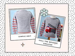 Fire engine jumper detail, knitted ladder and red stripe sleeve, sizes 1 to 9 years
