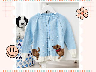 Dachshund in the Snow kids Christmas cardigan, intarsia sausage dog motif, King Cole Merino DK