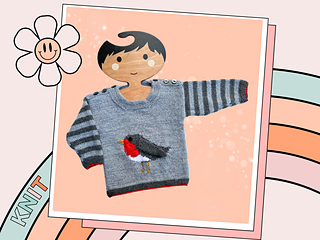 Rockin Robin baby Christmas jumper, intarsia robin with Santa hat, striped sleeves, 0-3 years