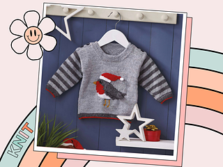 Rockin Robin baby Christmas jumper, intarsia robin with Santa hat, striped sleeves, 0-3 years
