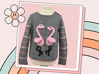 Fluffy Flamingo girls jumper knitting pattern, two applique flamingos forming heart shape, ages 1 to 9