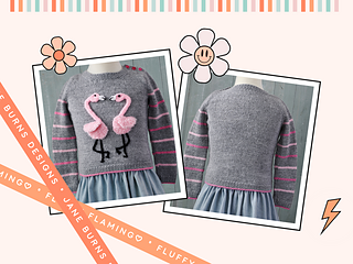 Fluffy Flamingo girls jumper knitting pattern, two applique flamingos forming heart shape, ages 1 to 9