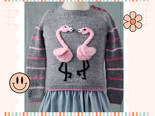Fluffy Flamingo girls jumper knitting pattern, two applique flamingos forming heart shape, ages 1 to 9
