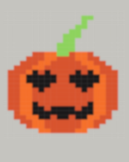 Patch pumpkin knitting chart, 24 stitches by 30 rows, halloween intarsia motif with heart-shaped eyes