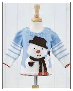 Baby snowman jumper knitting pattern on mannequin, intarsia snowman motif with hat and scarf, DK yarn