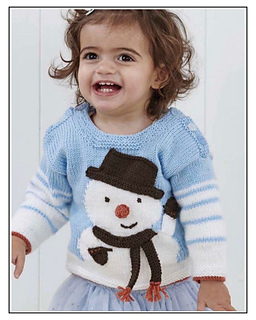 Toddler wearing baby snowman intarsia Christmas jumper knitting pattern, blue DK yarn, sizes 0-3 years