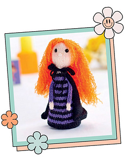 Handmade knitted Monica the Witch toy, showing finished make from halloween witch toy knitting pattern