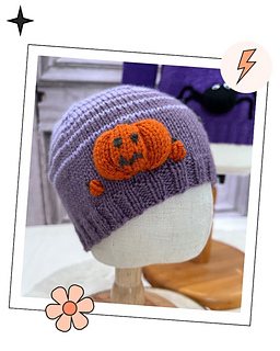 Pumpkin hat knitting pattern for kids, purple striped beanie with a knitted jack-o'-lantern